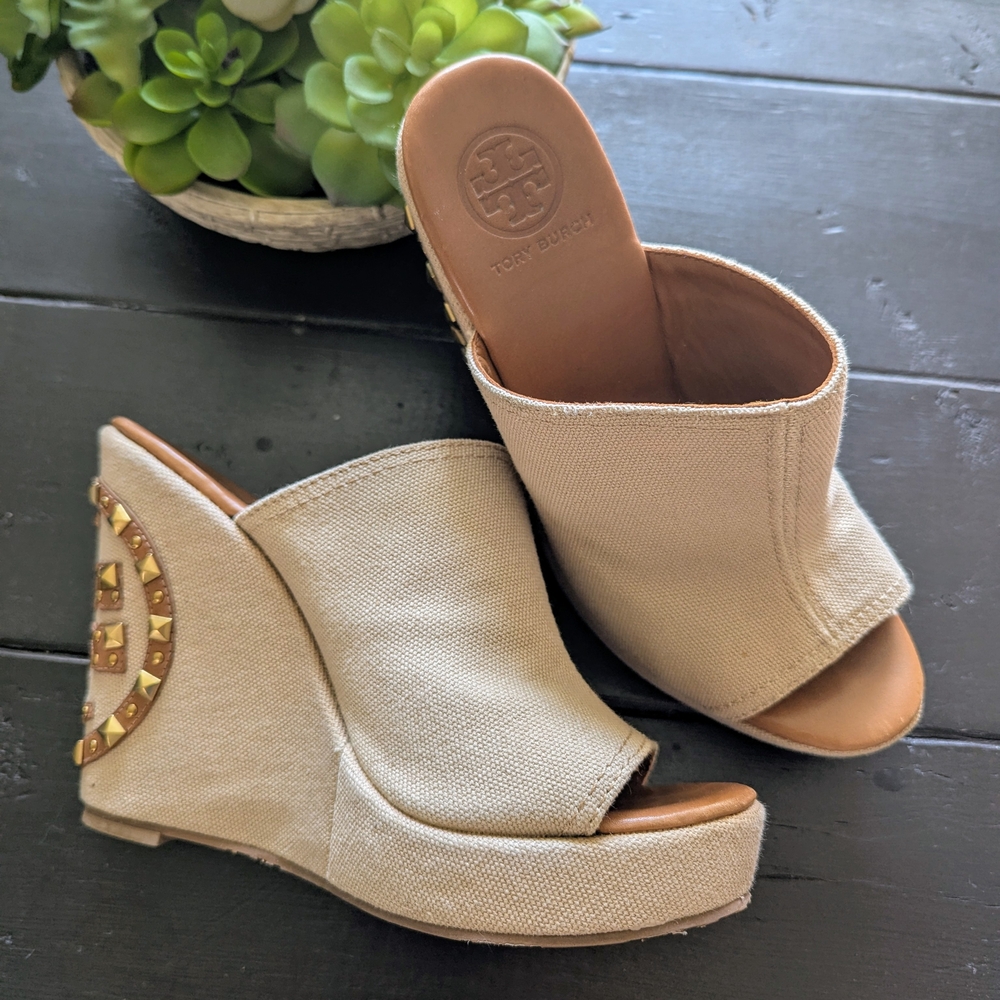 Tory Burch Tan Wedge Espadrilles with Peep-Toe